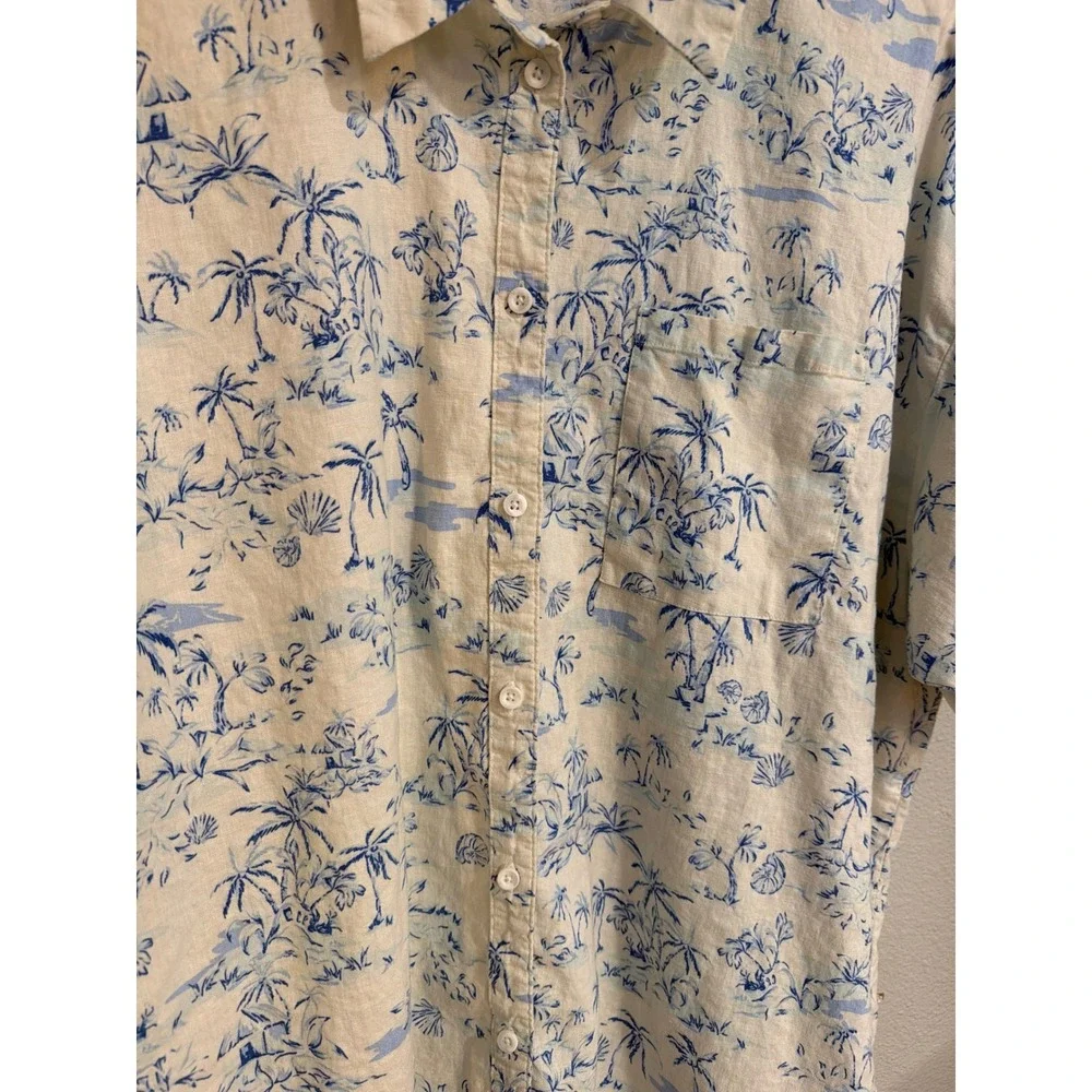 Men's Button Down Linen Blend Shirt  Size 10 Tropical Palm Tree Blue Summer Vaca